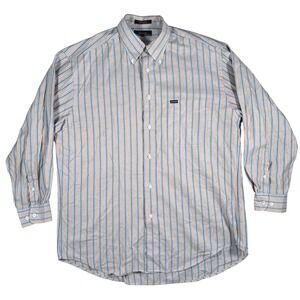 Faconnable Mens Large Striped Button Down Shirt Blue Orange Cotton